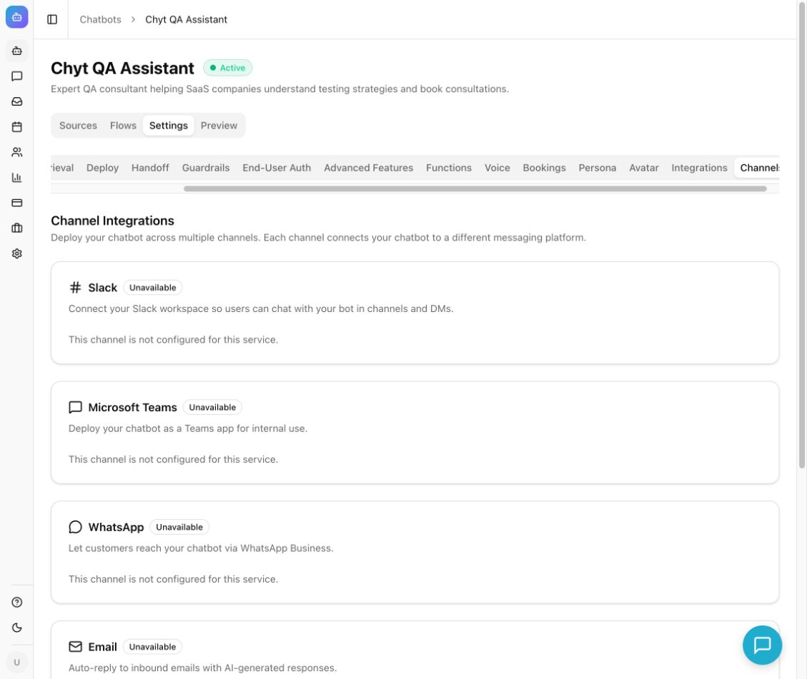 Chyt.ai chatbot settings on the Channels tab, showing Channel Integrations cards for Slack, Microsoft Teams, WhatsApp and Email, each with an availability status