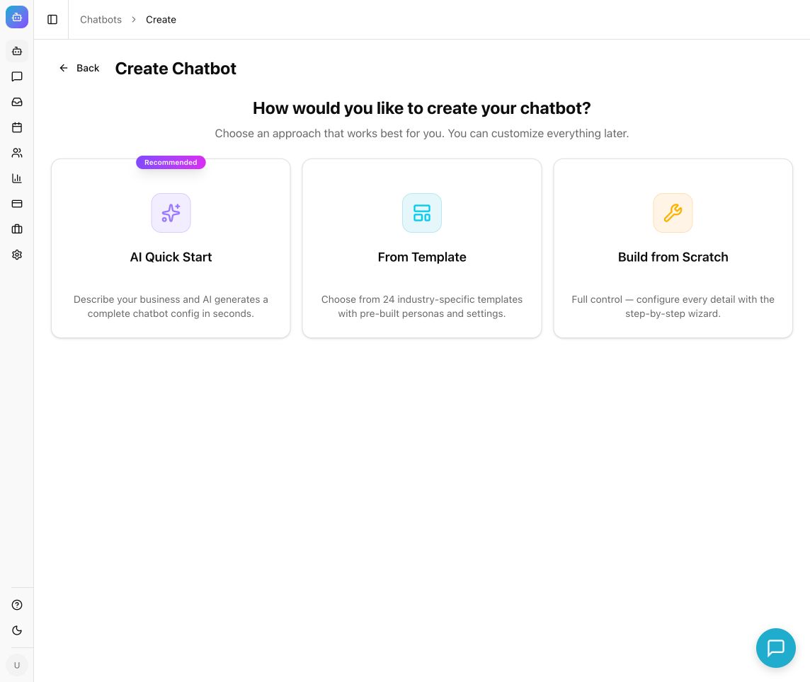 Create Chatbot screen offering AI Quick Start, From Template, and Build from Scratch