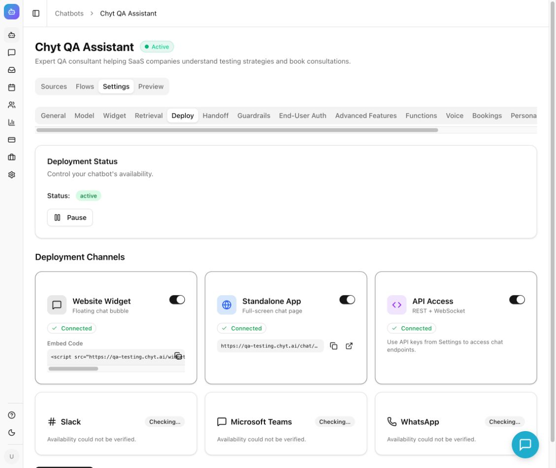 Deployment settings showing chatbot status, Website Widget embed code, Standalone App link, and Save Channels