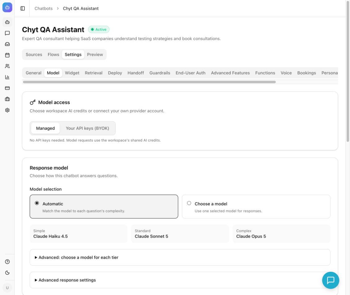 Model settings showing Managed access, automatic model selection, and workspace AI credits