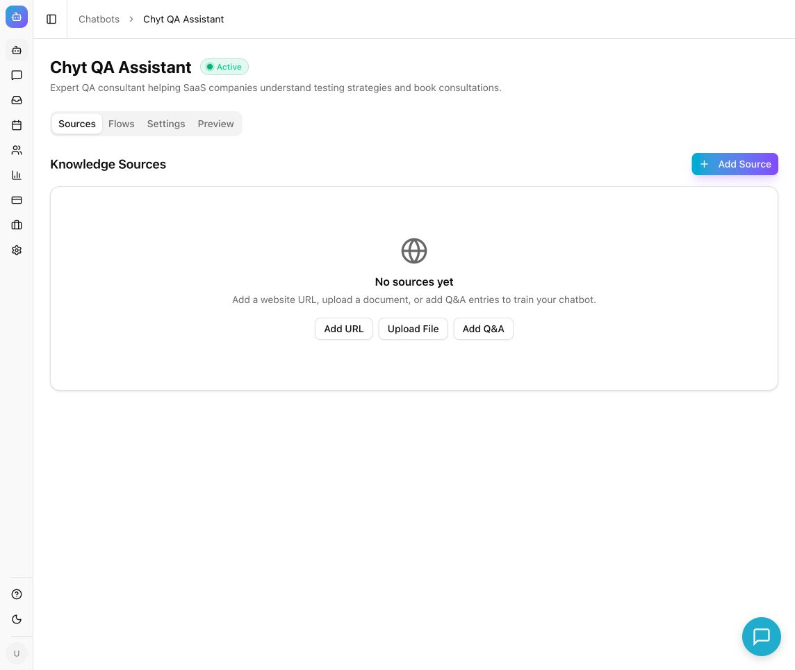 Knowledge Sources screen where uploaded files appear with processing status and chunk counts
