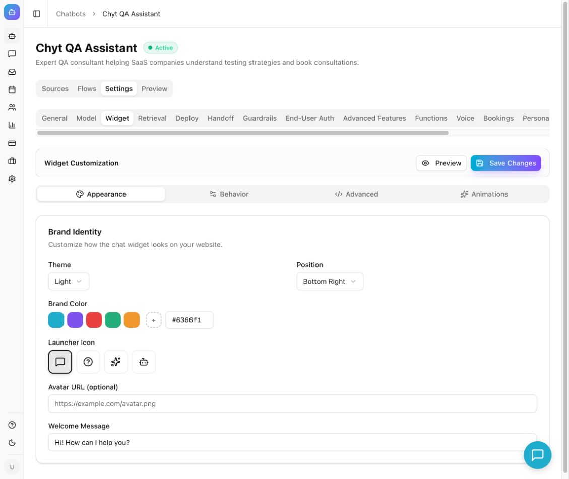 Widget settings with Appearance, Behavior, Advanced, and Animations controls and a preview